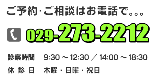 ご予約・ご相談はお電話で…　029-273-2212　まで。 診察時間　9：30～12：30／14：00～18：30 休診日　木曜・日曜・祝日